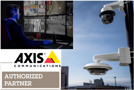 Security professional monitoring surveillance feeds alongside an outdoor security camera. Highlights Axis Communications as an authorized partner.
