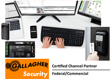 Gallagher Security workstation showing access control systems, monitor displays, and users interacting with security technology. Relevant for federal and commercial security solutions.